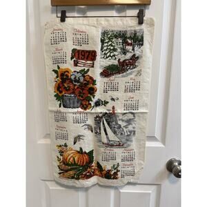 Vintage 1979 Kitchen Linen Calendar Tea Towel Pansy Boat Pumpkin Horse Sled